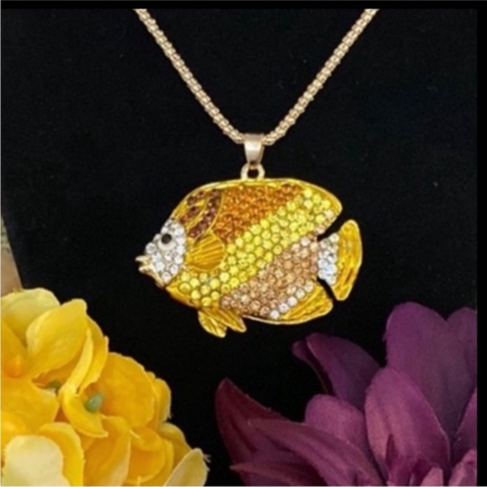 Yellow and Brown Fish Gemstone Pendant Necklace With Gold Chain NEW!